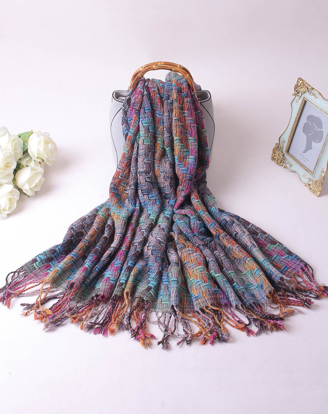 女童多色暖色系彩条毛织围巾