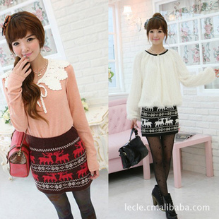 冬季时尚女裙批发 韩版休闲可爱小鹿绣花毛织半身裙